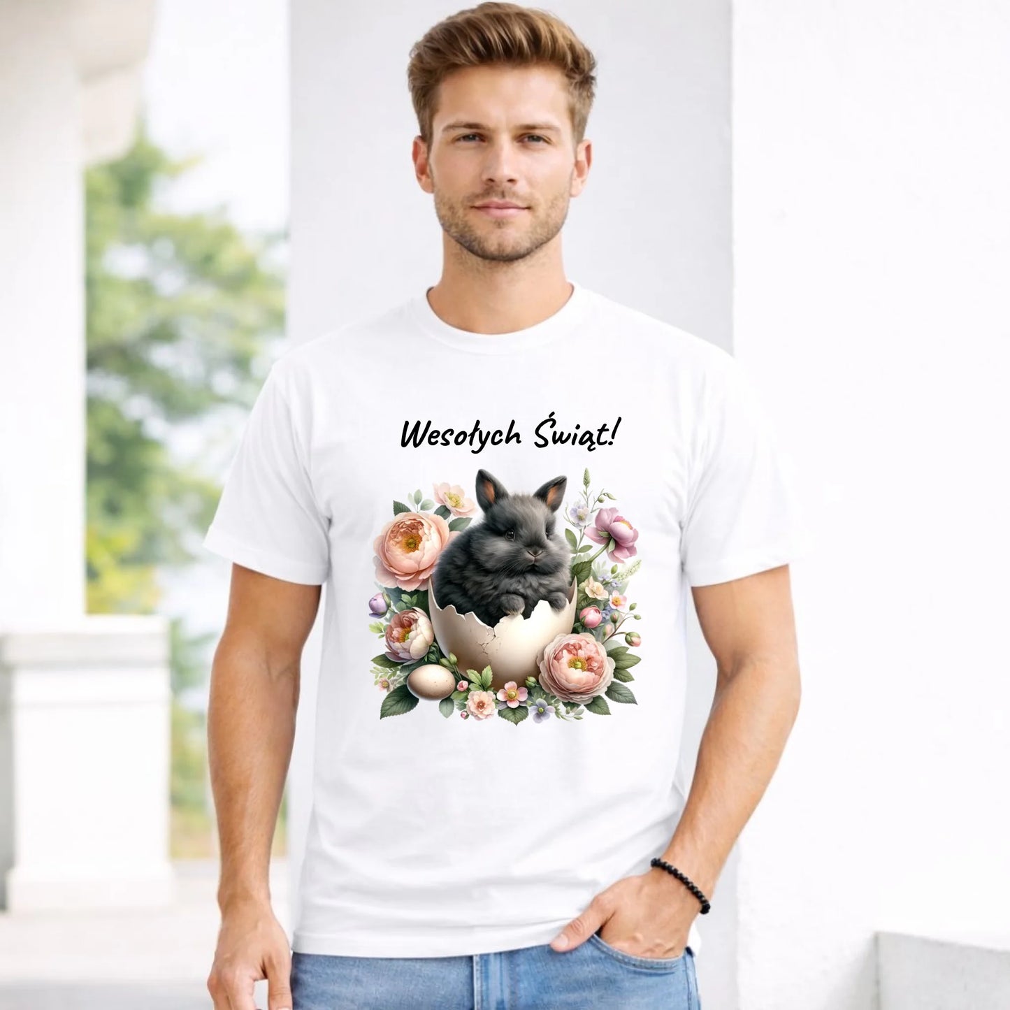 Koszulka męska na Wielkanoc - Zajączek w pisance Wesołych Świąt WN03 - StoryCups.pl