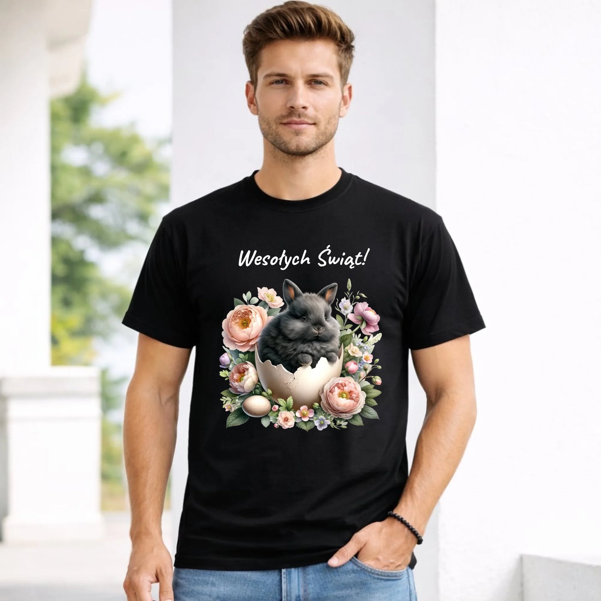 Koszulka męska na Wielkanoc - Zajączek w pisance Wesołych Świąt WN03 - StoryCups.pl