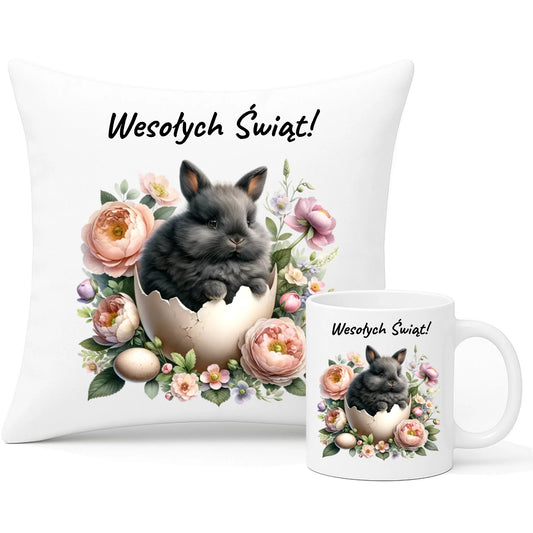 Zestaw poduszka i kubek na Wielkanoc - Zajączek w pisance Wesołych Świąt WN03 - StoryCups.pl