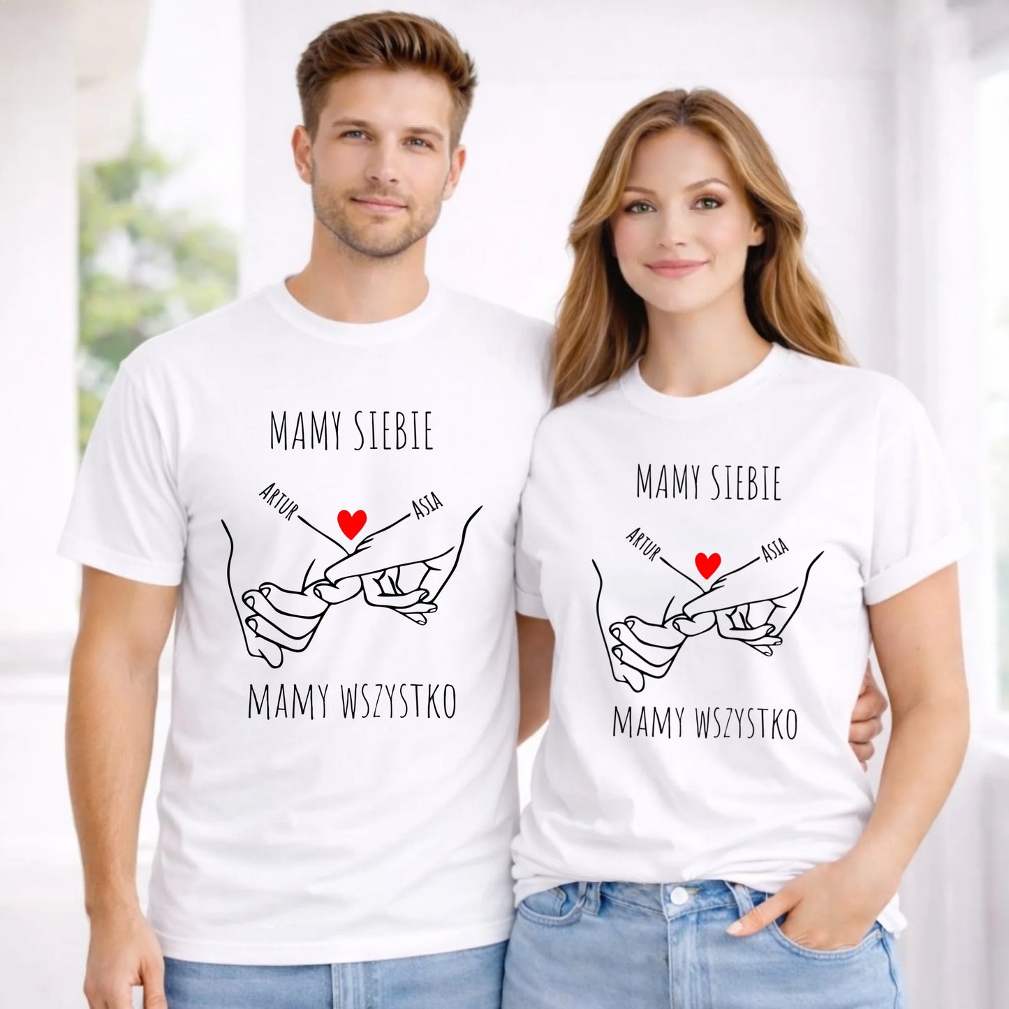 Zestaw koszulek dla par - Zaplecione ręce mamy siebie mamy wszystko - personalizowany W63 - StoryCups.pl