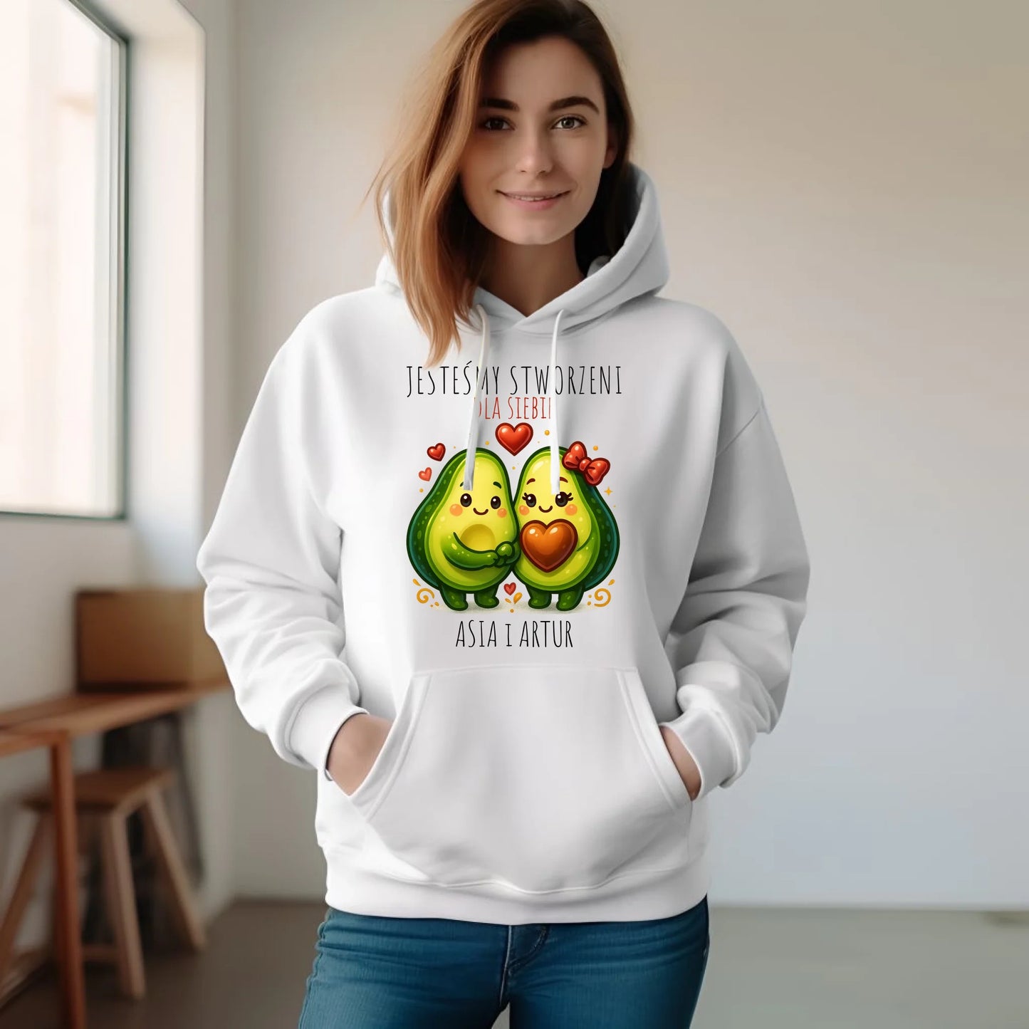 Bluza damska z kapturem - Awokado Stworzeni dla siebie - personalizowana W91 - StoryCups.pl