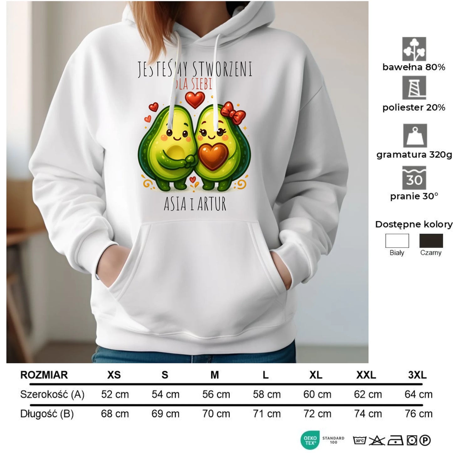 Bluza damska z kapturem - Awokado Stworzeni dla siebie - personalizowana W91 - StoryCups.pl