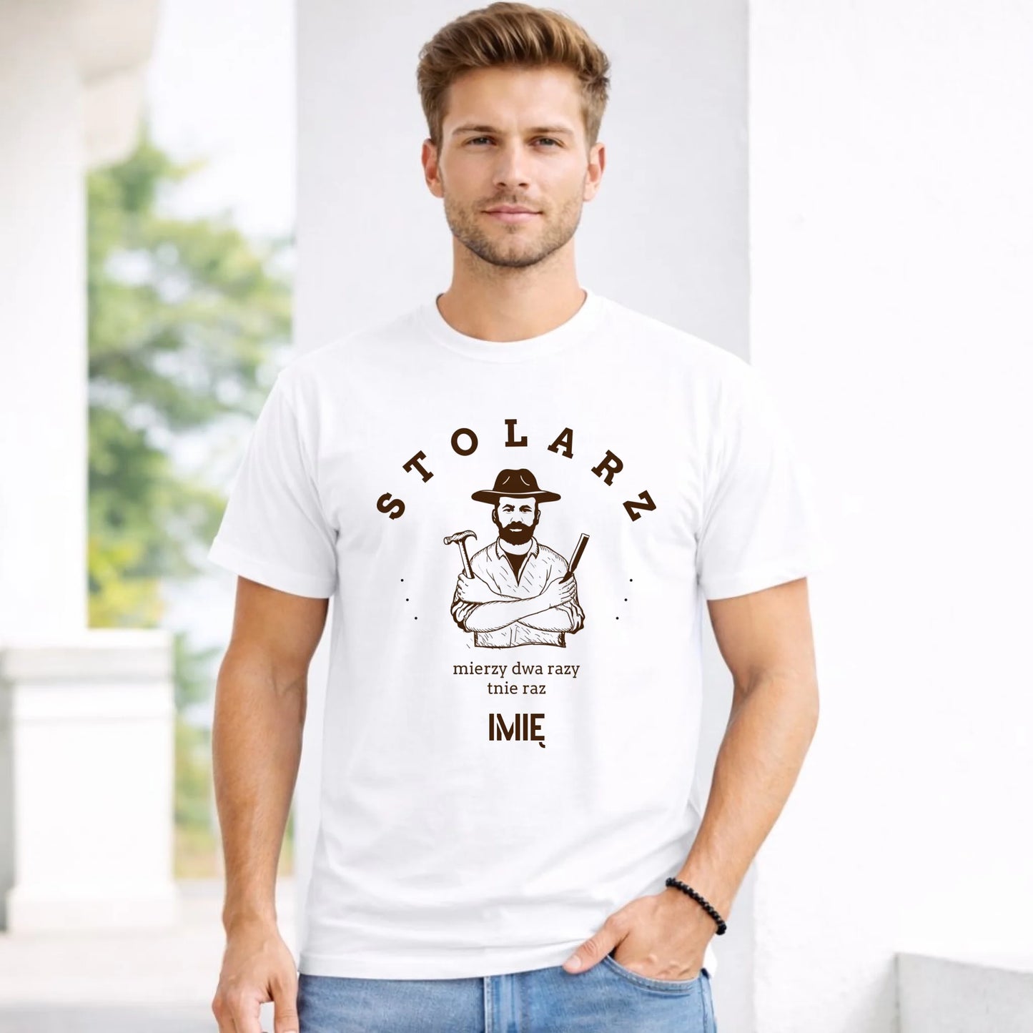 Koszulka męska dla stolarza - Mierzy dwa razy tnie raz - personalizowana ZS02 - StoryCups.pl