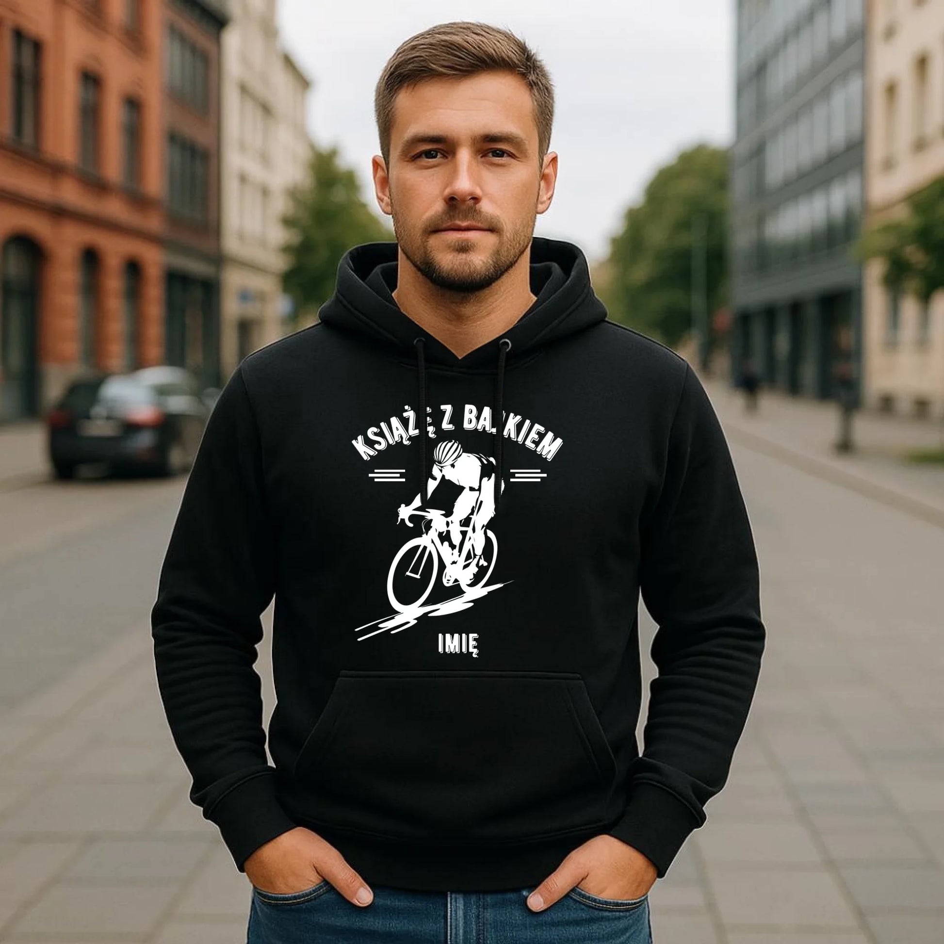 Bluza męska z kapturem dla rowerzysty - Książę z bajkiem - personalizowana HR01 - StoryCups.pl