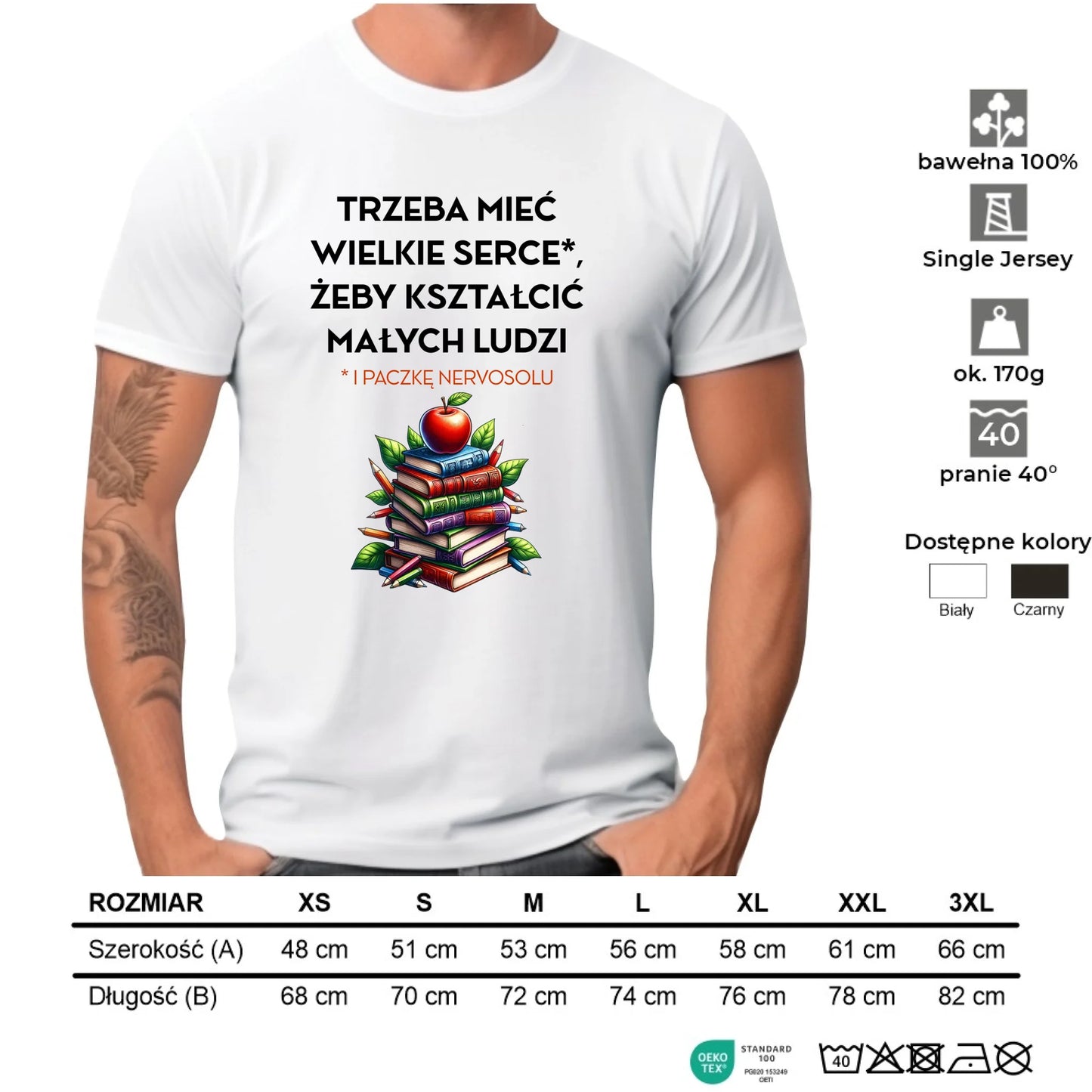 Koszulka męska dla nauczyciela - Trzeba mieć wielkie serce i paczkę nervosolu N73 - StoryCups.pl