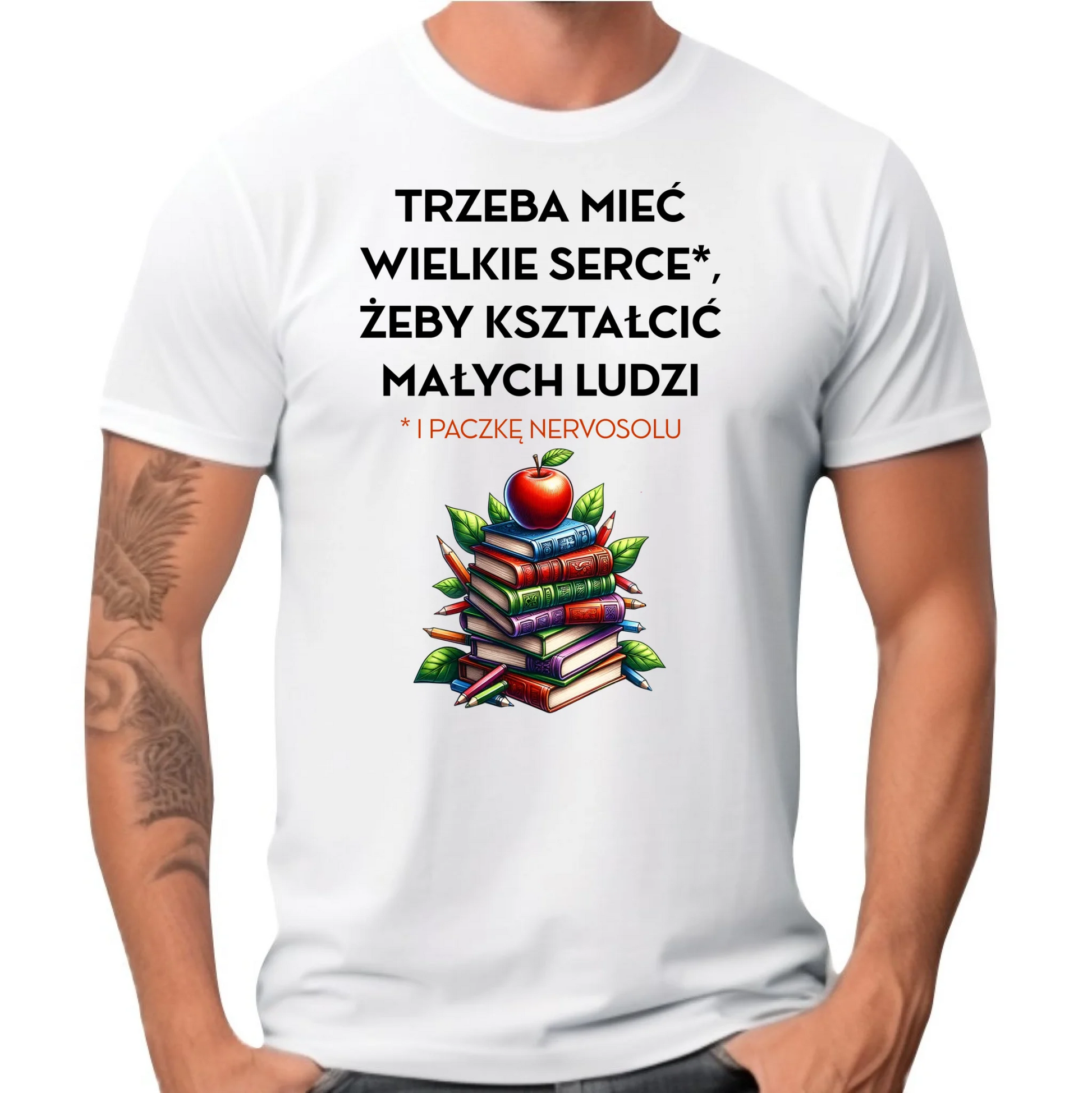 Koszulka męska dla nauczyciela - Trzeba mieć wielkie serce i paczkę nervosolu N73 - StoryCups.pl