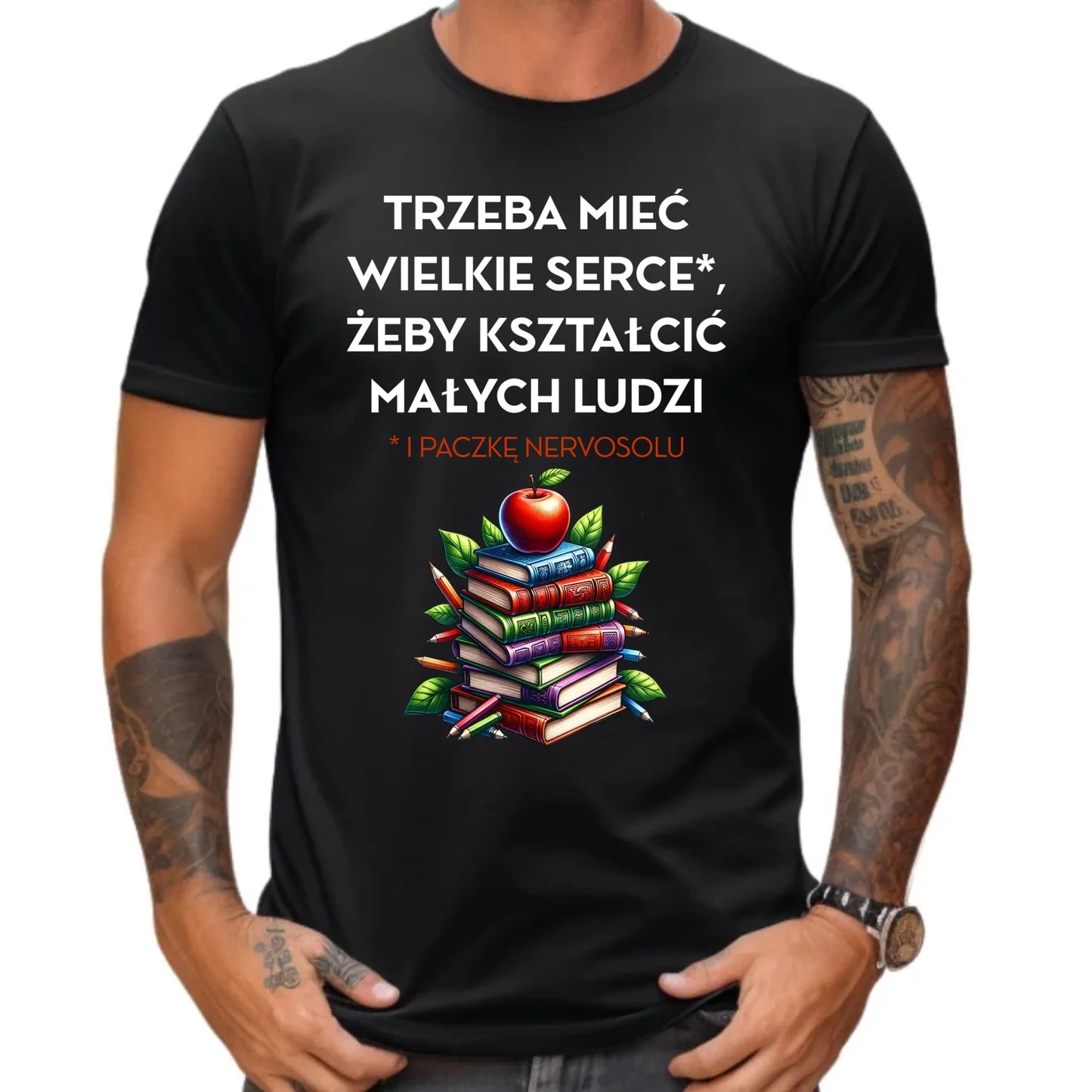 Koszulka męska dla nauczyciela - Trzeba mieć wielkie serce i paczkę nervosolu N73 - StoryCups.pl