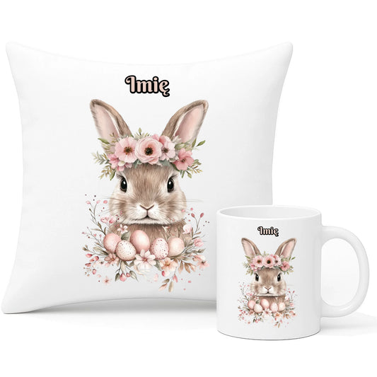 Zestaw poduszka i kubek na Wielkanoc - Zajączek Boho - Prezent personalizowany WN05 - StoryCups.pl
