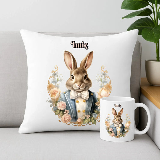 Zestaw poduszka i kubek na Wielkanoc - Elegancki Pan Zając - personalizowany WN06 - StoryCups.pl