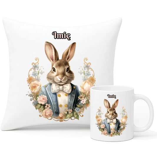 Zestaw poduszka i kubek na Wielkanoc - Elegancki Pan Zając - personalizowany WN06 - StoryCups.pl