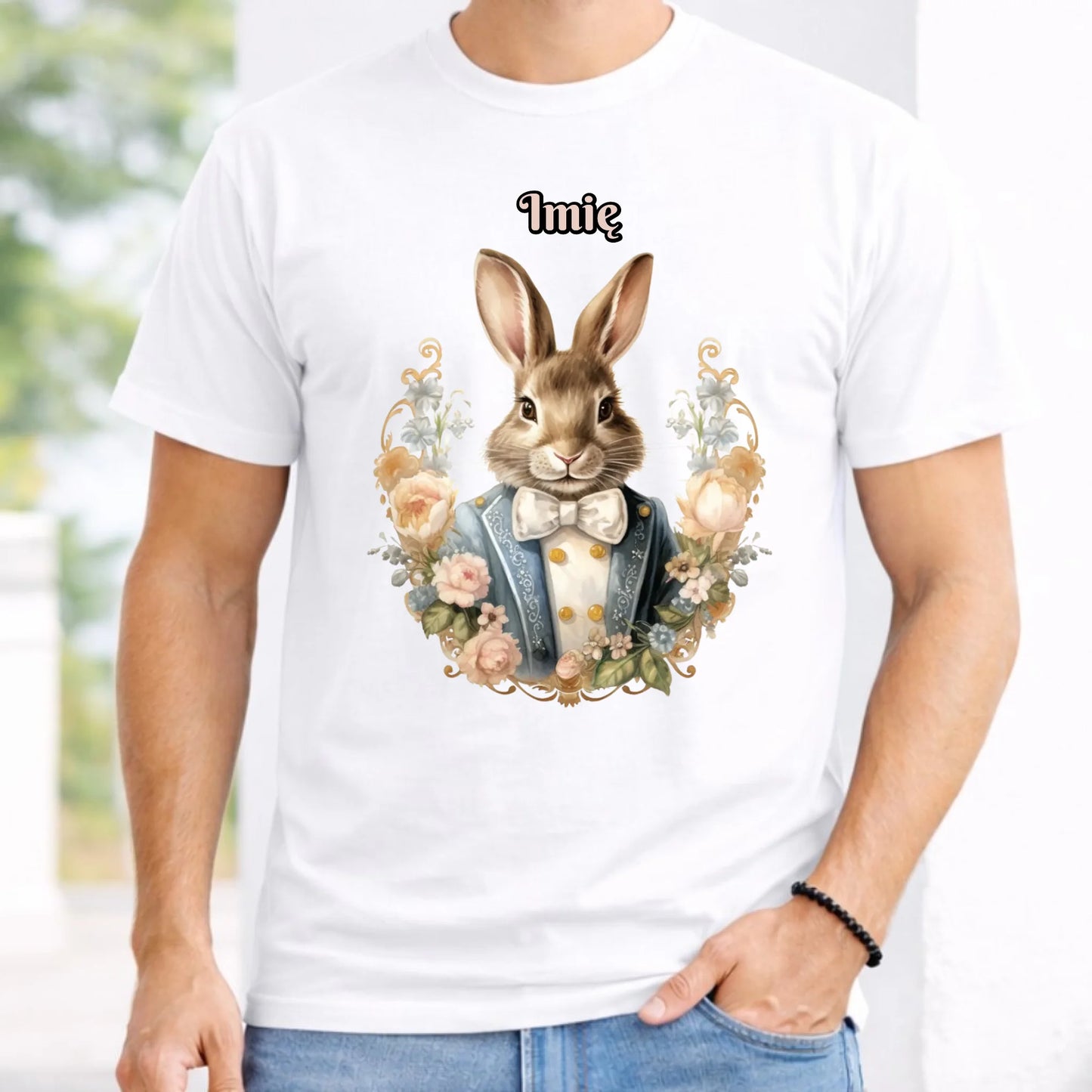 Koszulka męska na Wielkanoc - Elegancki Pan Zając - personalizowana WN06 - StoryCups.pl