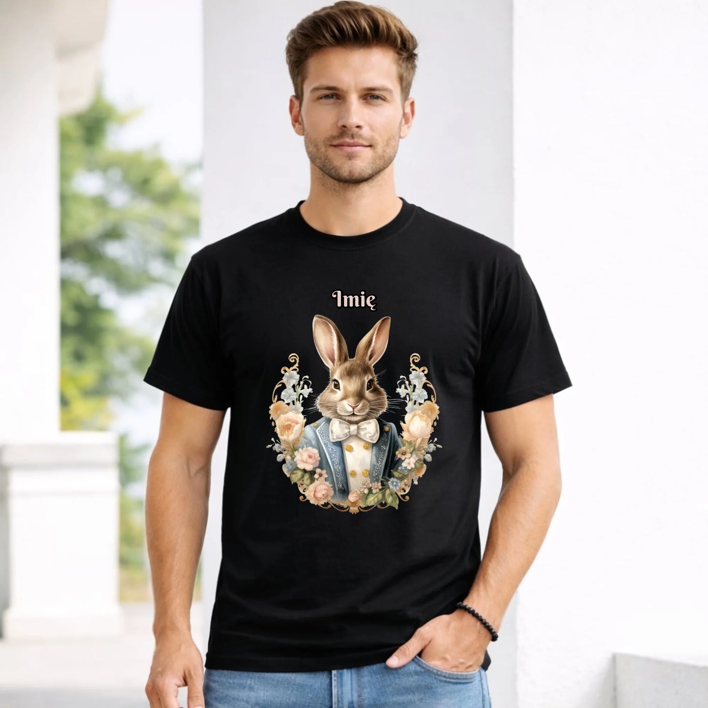 Koszulka męska na Wielkanoc - Elegancki Pan Zając - personalizowana WN06 - StoryCups.pl