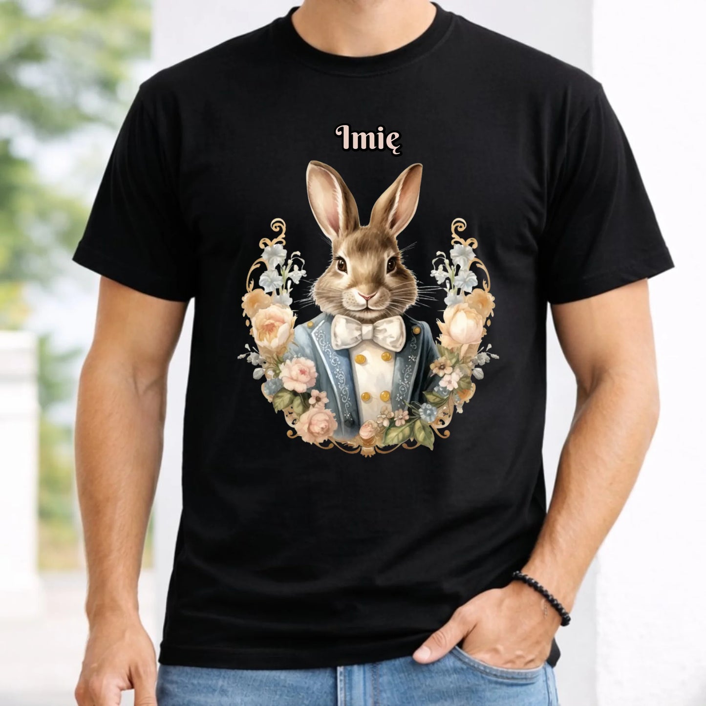 Koszulka męska na Wielkanoc - Elegancki Pan Zając - personalizowana WN06 - StoryCups.pl