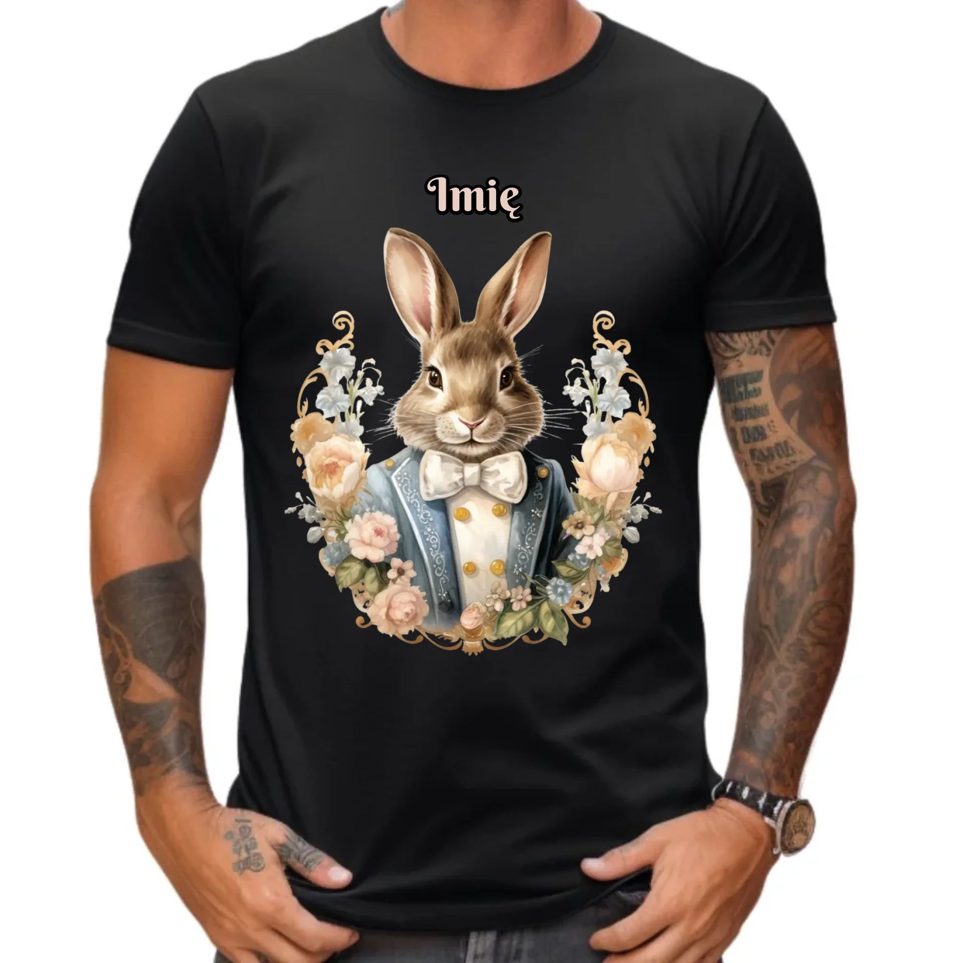 Koszulka męska na Wielkanoc - Elegancki Pan Zając - personalizowana WN06 - Koszulka męska / Czarny / XS - StoryCups.pl