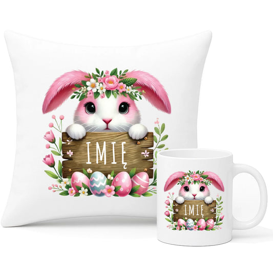 Zestaw poduszka i kubek na Wielkanoc - Słodki Różowy Zajączek - Prezent personalizowany WN07 - StoryCups.pl