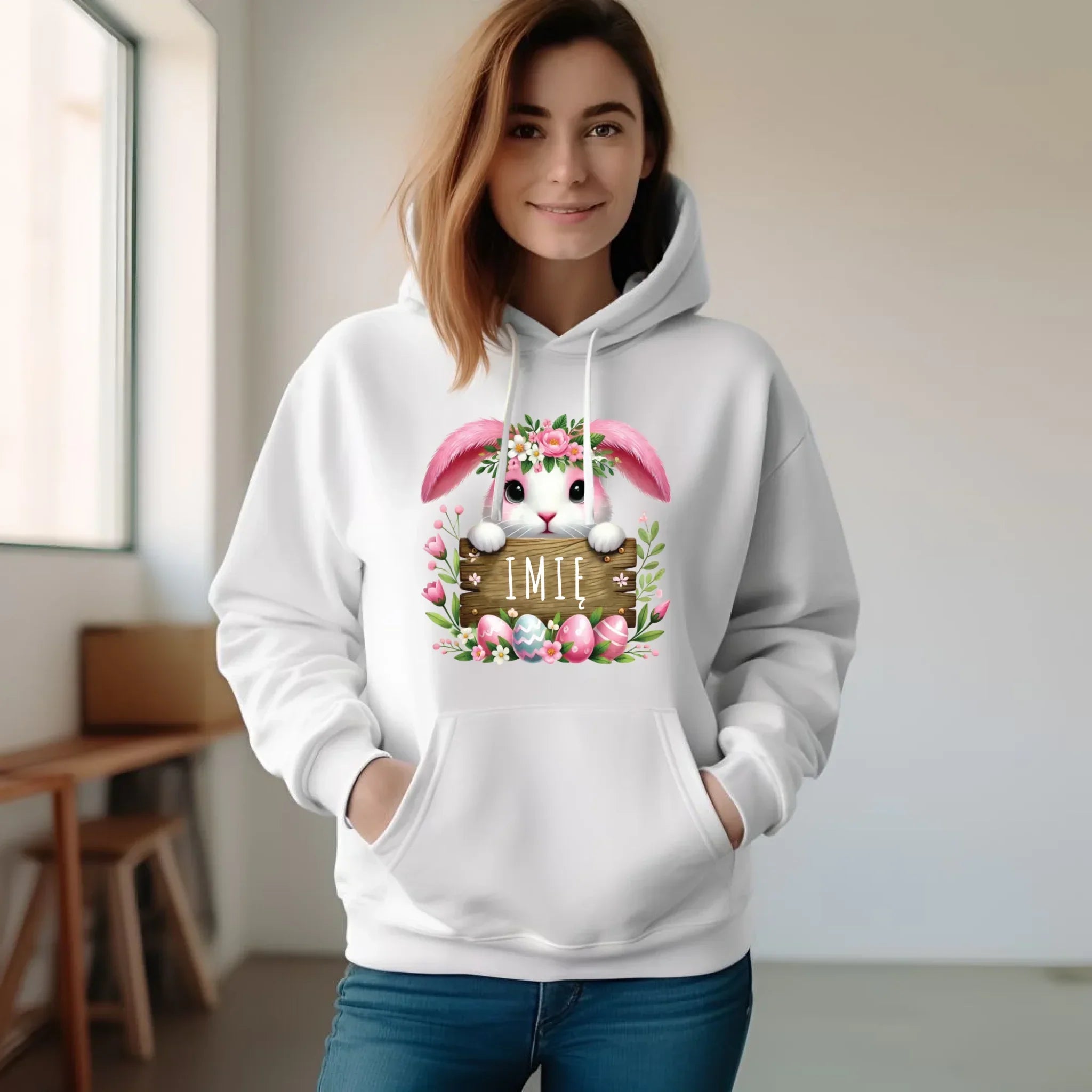 Bluza damska z kapturem na Wielkanoc - Różowy Zajączek - personalizowana WN07 - StoryCups.pl