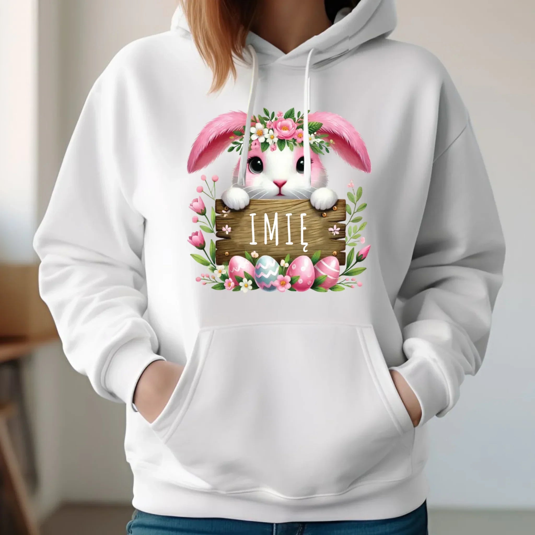 Bluza damska z kapturem na Wielkanoc - Różowy Zajączek - personalizowana WN07 - StoryCups.pl