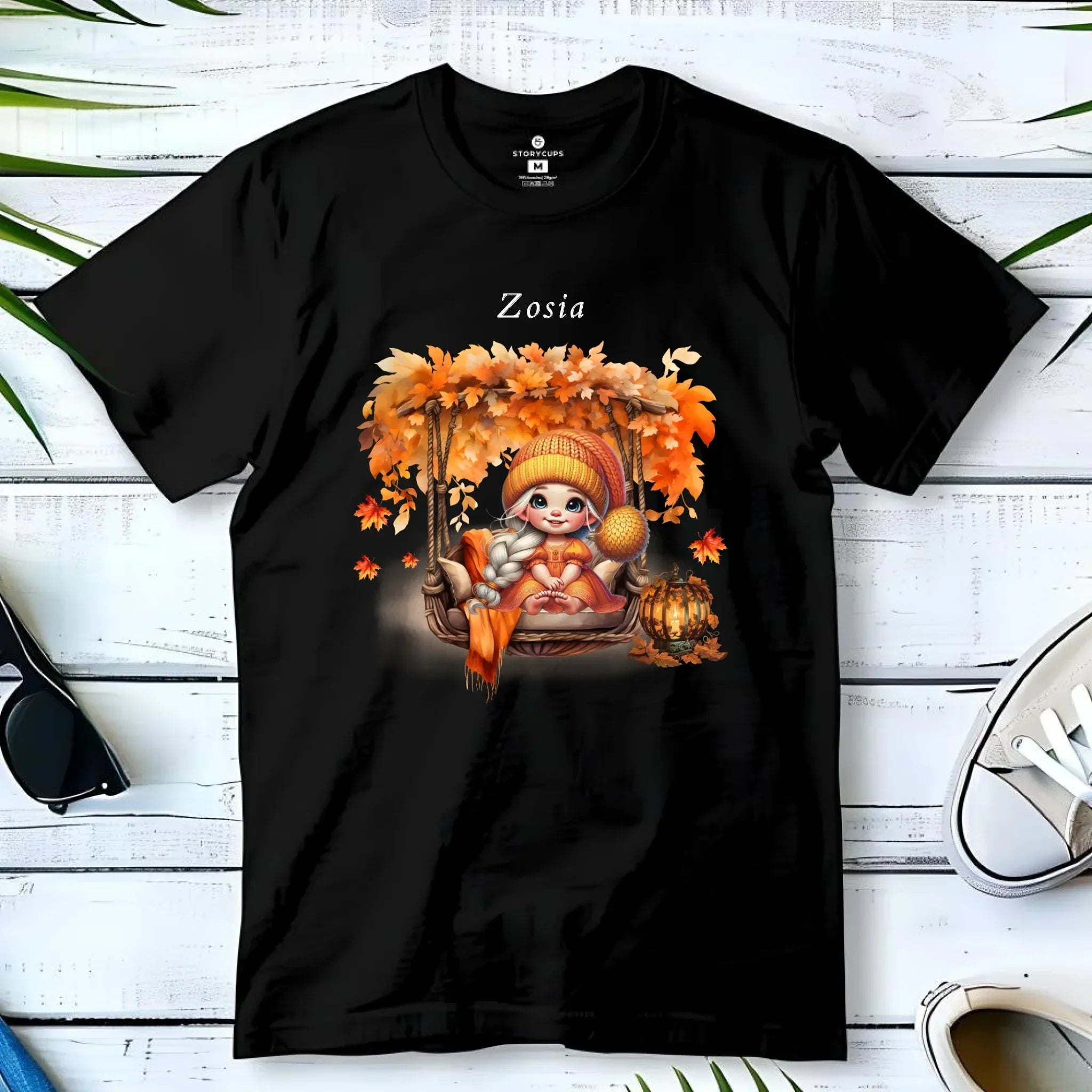 Koszulka dziecięca jesienna - Dziewczynka z liśćmi - personalizowana JS17 - StoryCups.pl