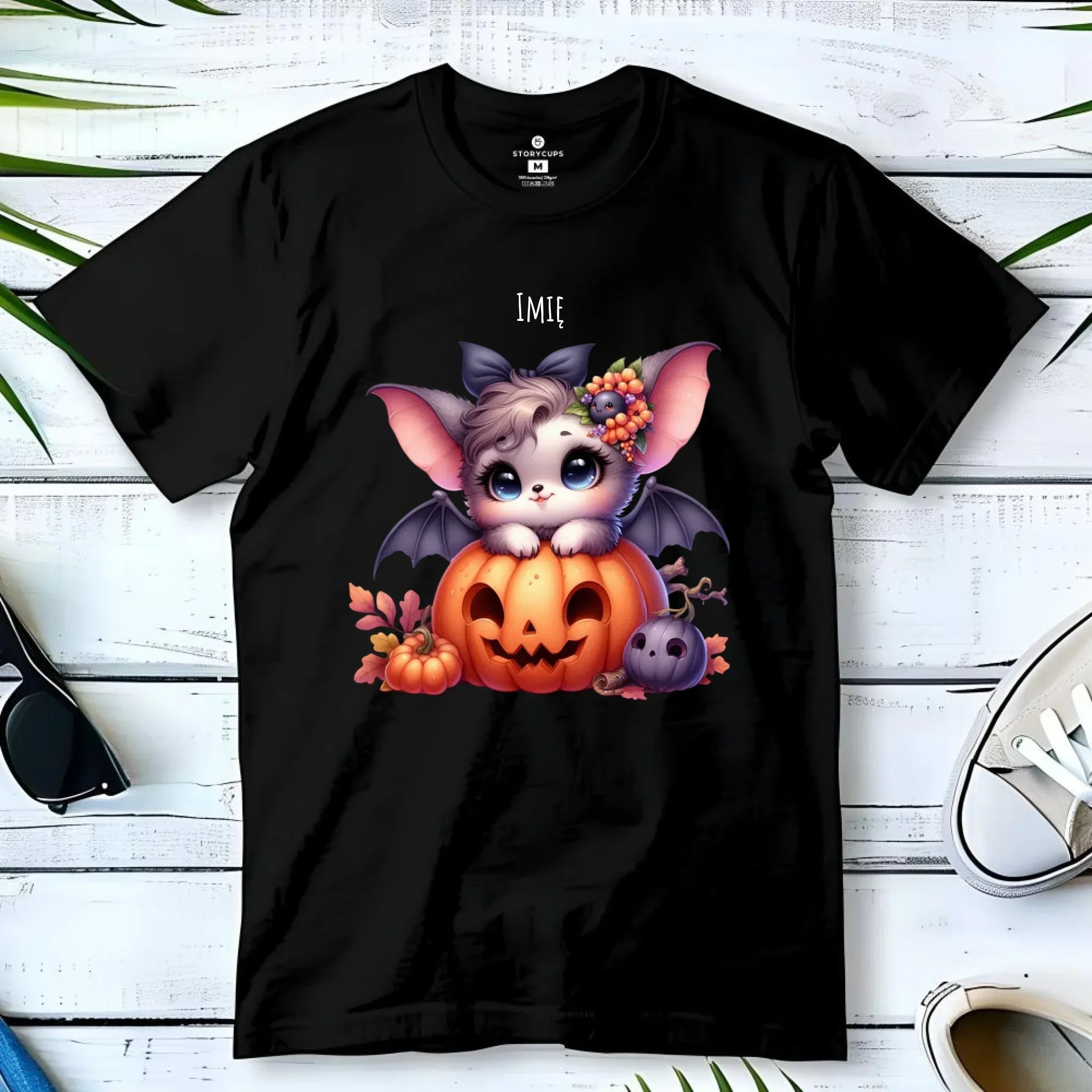Koszulka dziecięca halloweenowa - Uroczy nietoperz z dynią - personalizowana HL08 - StoryCups.pl