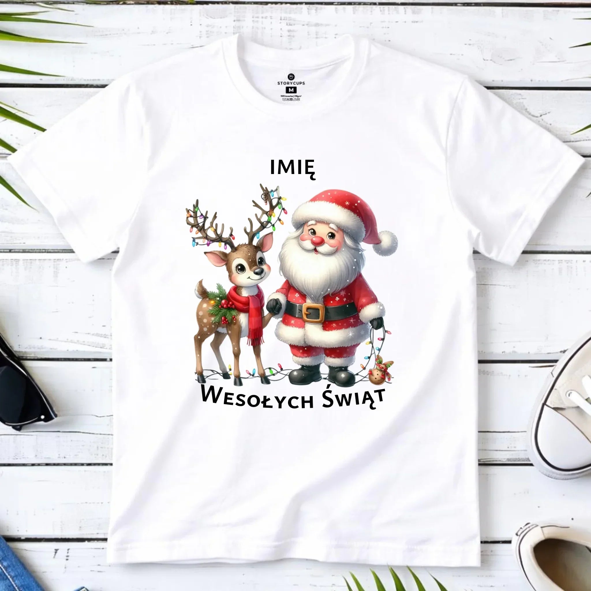 Koszulka dziecięca świąteczna - Mikołaj z reniferem - personalizowana BN09 - StoryCups.pl