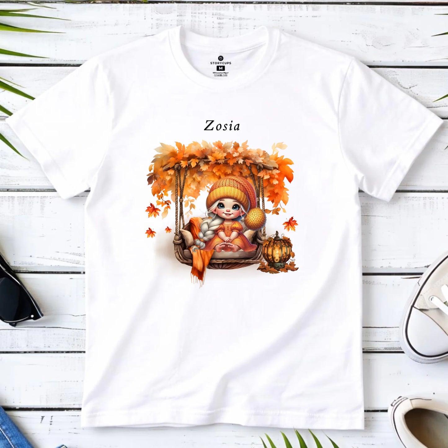 Koszulka dziecięca jesienna - Dziewczynka z liśćmi - personalizowana JS17