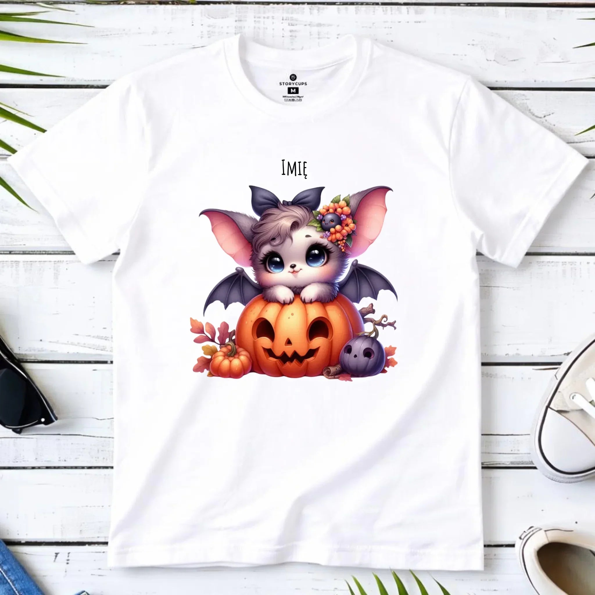 Koszulka dziecięca halloweenowa - Uroczy nietoperz z dynią - personalizowana HL08 - StoryCups.pl