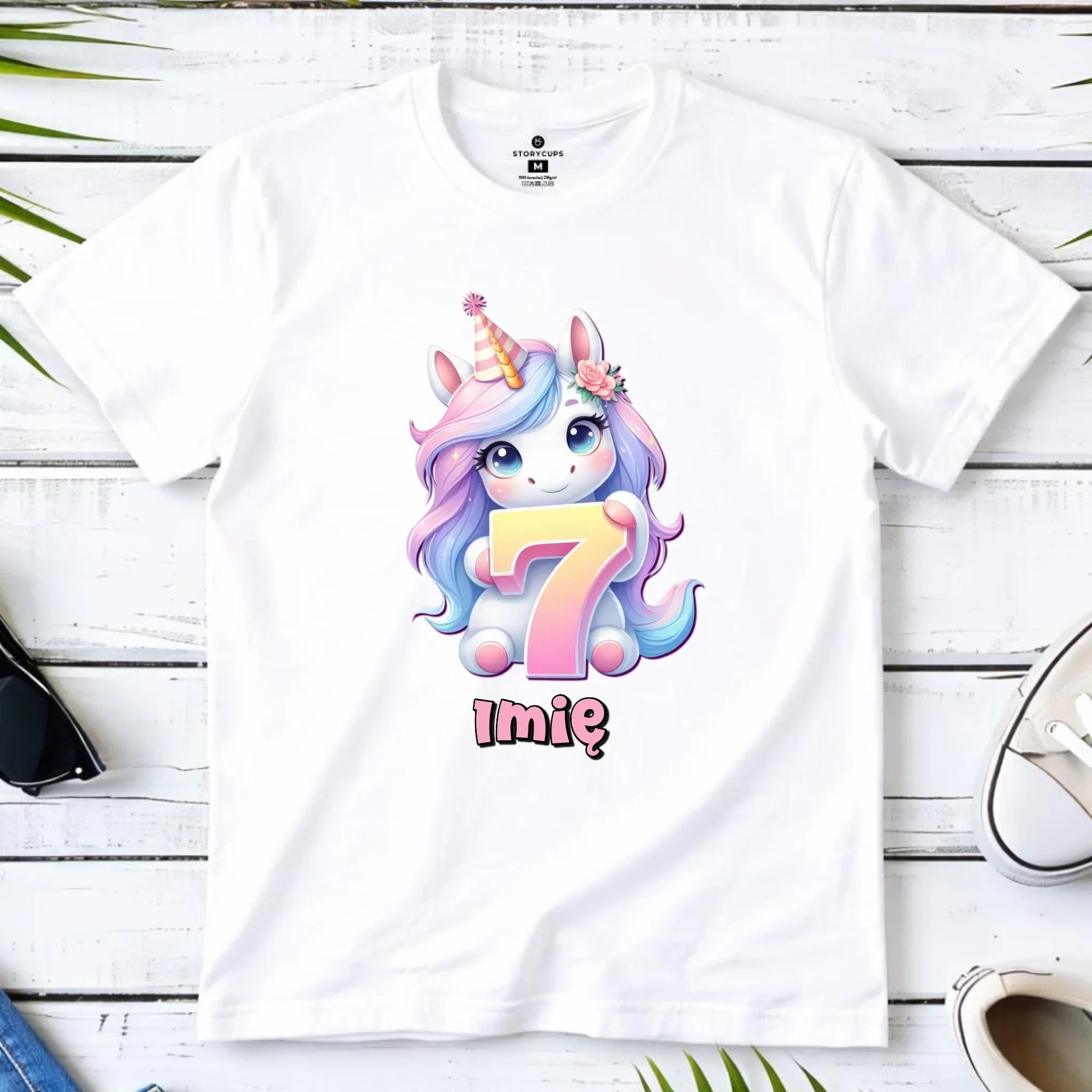Koszulka dziecięca urodzinowa - prezent na 7 urodziny dla dziewczynki - Jednorożec - personalizowana U51 - StoryCups.pl