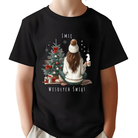 Koszulka dziecięca świąteczna - Dziewczyna przy choince - personalizowana BN15