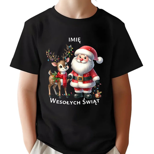 Koszulka dziecięca świąteczna - Mikołaj z reniferem - personalizowana BN09