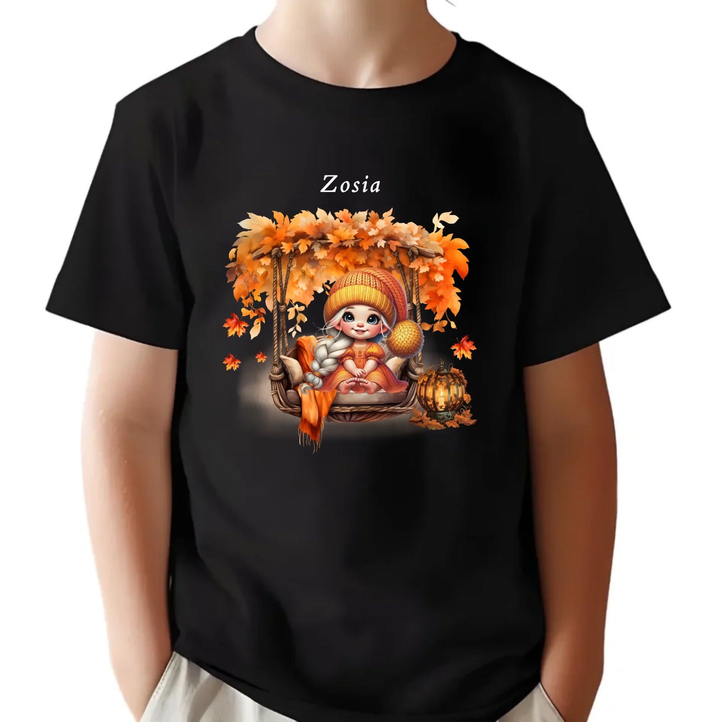 Koszulka dziecięca jesienna - Dziewczynka z liśćmi - personalizowana JS17