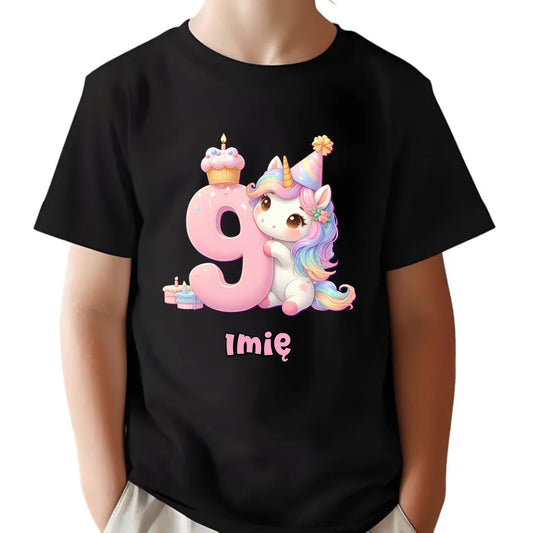 Koszulka dziecięca urodzinowa - prezent na 9 urodziny dla dziewczynki - Jednorożec - personalizowana U53