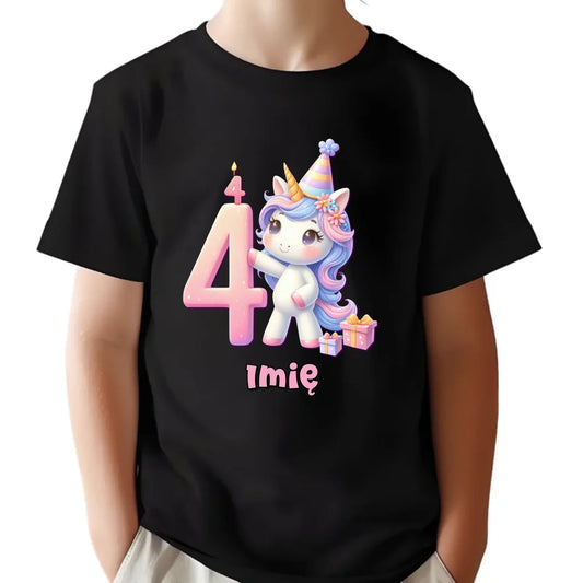 Koszulka dziecięca urodzinowa - prezent na 4 urodziny dla dziewczynki - Jednorożec - personalizowana U48