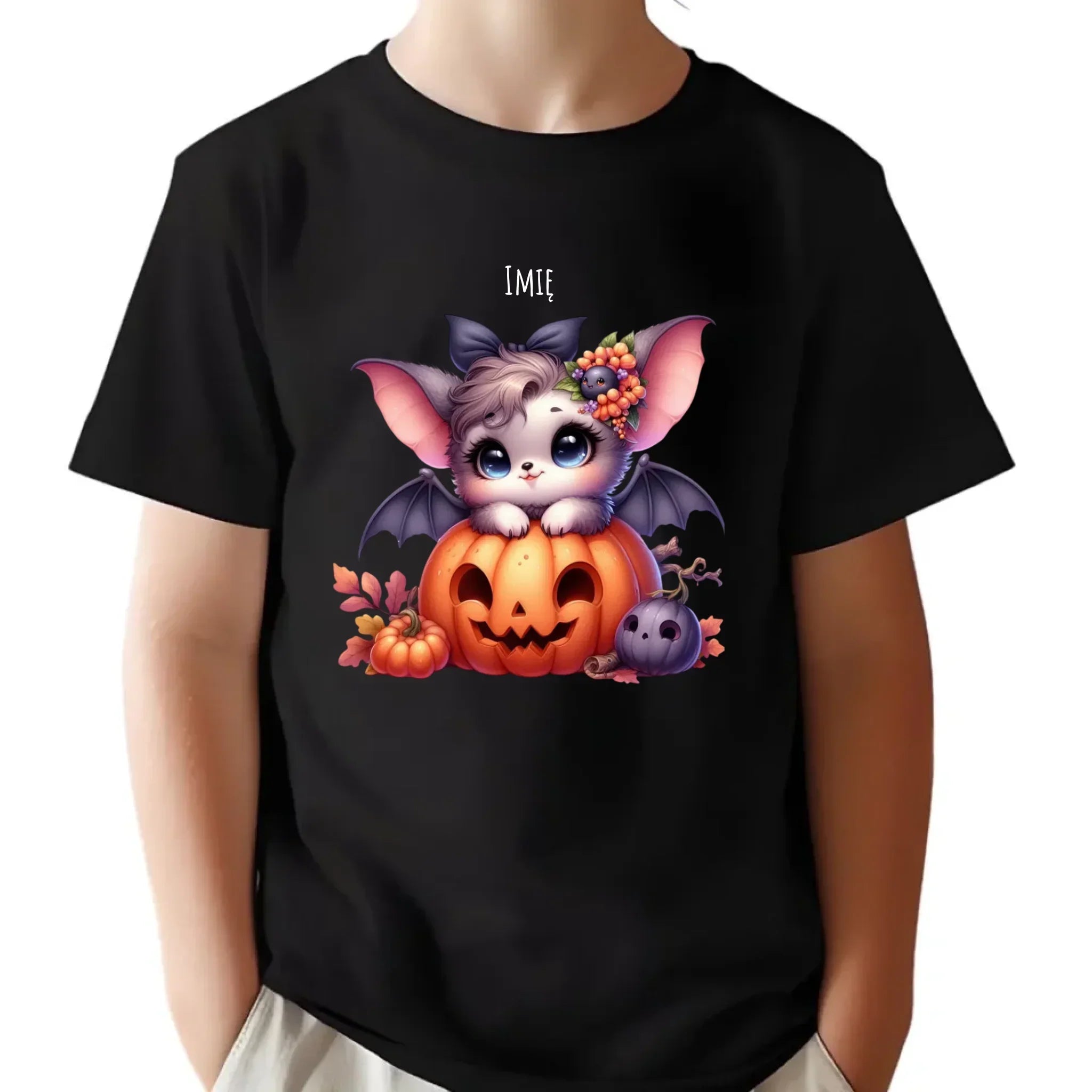 Koszulka dziecięca halloweenowa - Uroczy nietoperz z dynią - personalizowana HL08 - StoryCups.pl