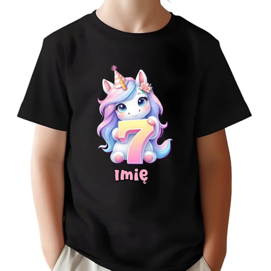 Koszulka dziecięca urodzinowa - prezent na 7 urodziny dla dziewczynki - Jednorożec - personalizowana U51