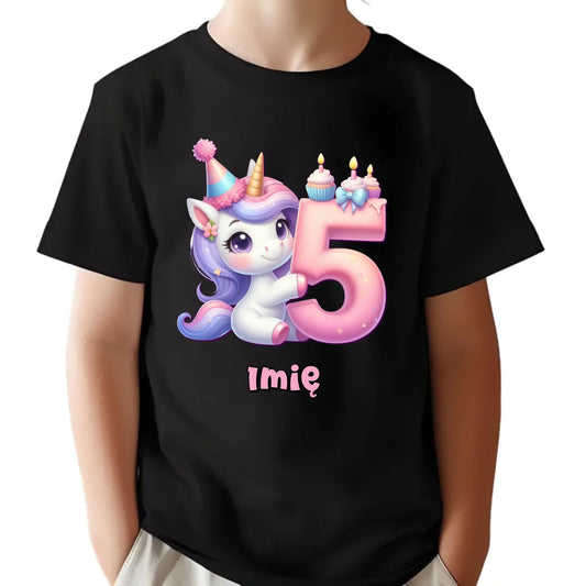 Koszulka dziecięca urodzinowa - prezent na 5 urodziny dla dziewczynki - Jednorożec - personalizowana U49