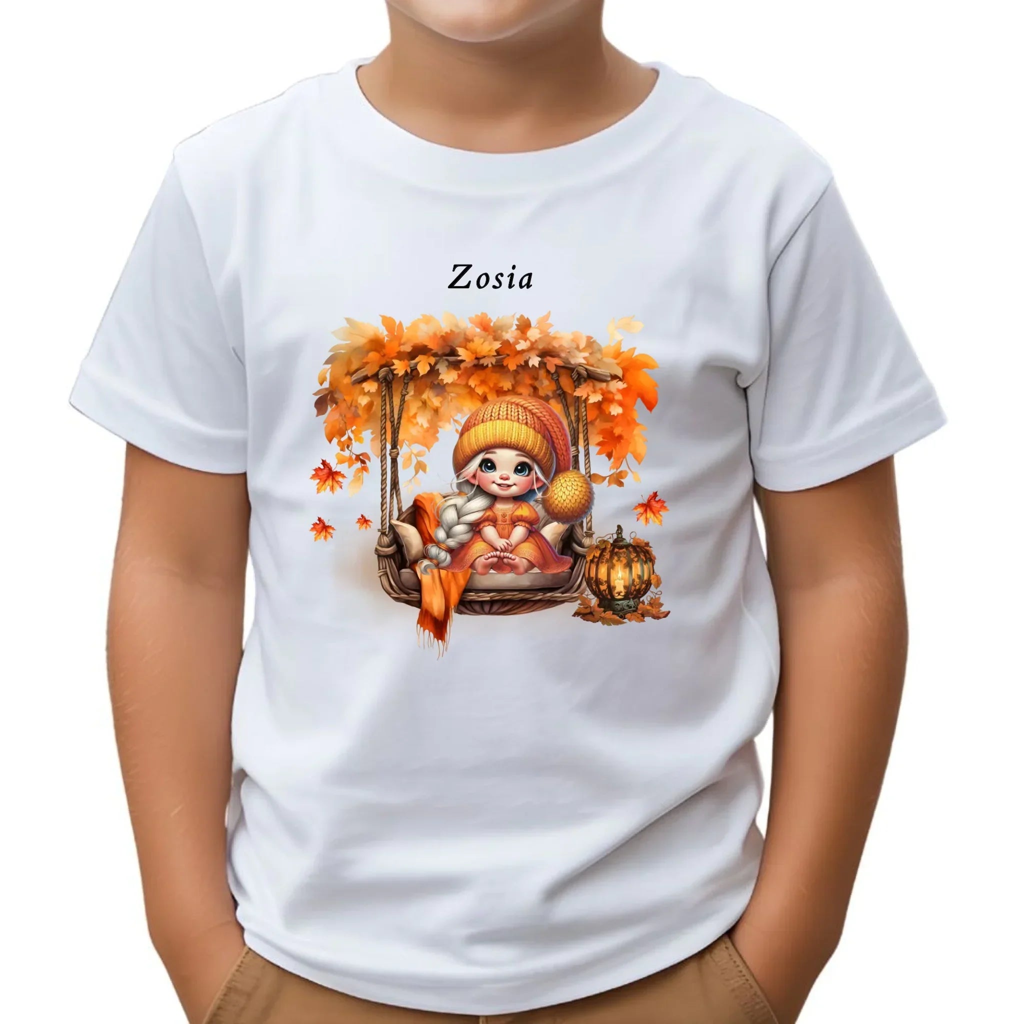 Koszulka dziecięca jesienna - Dziewczynka z liśćmi - personalizowana JS17 - StoryCups.pl