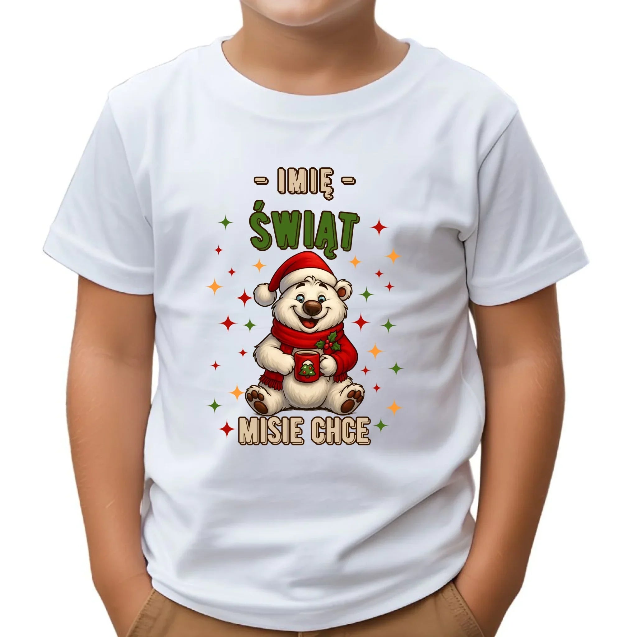 Koszulka dziecięca świąteczna - Misiek Świąt misie chce - personalizowana BN86 - StoryCups.pl