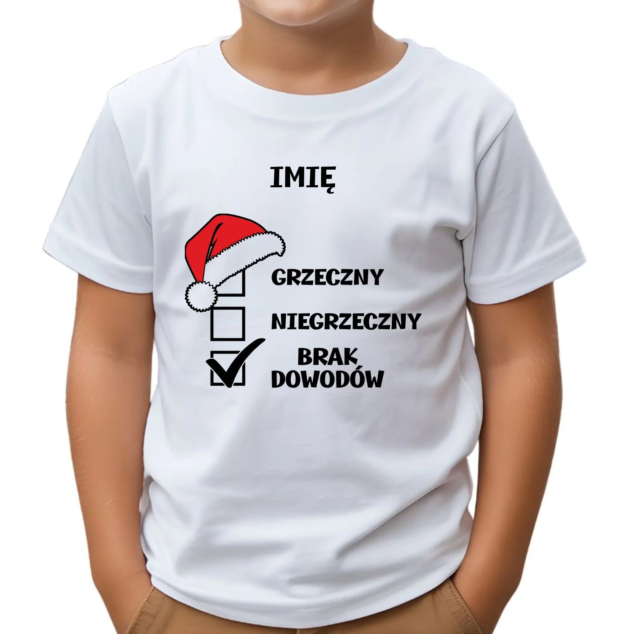 Koszulka dziecięca świąteczna dla chłopca - Grzeczny niegrzeczny brak dowodów - personalizowana BN99 - StoryCups.pl