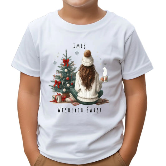 Koszulka dziecięca świąteczna - Dziewczyna przy choince - personalizowana BN15