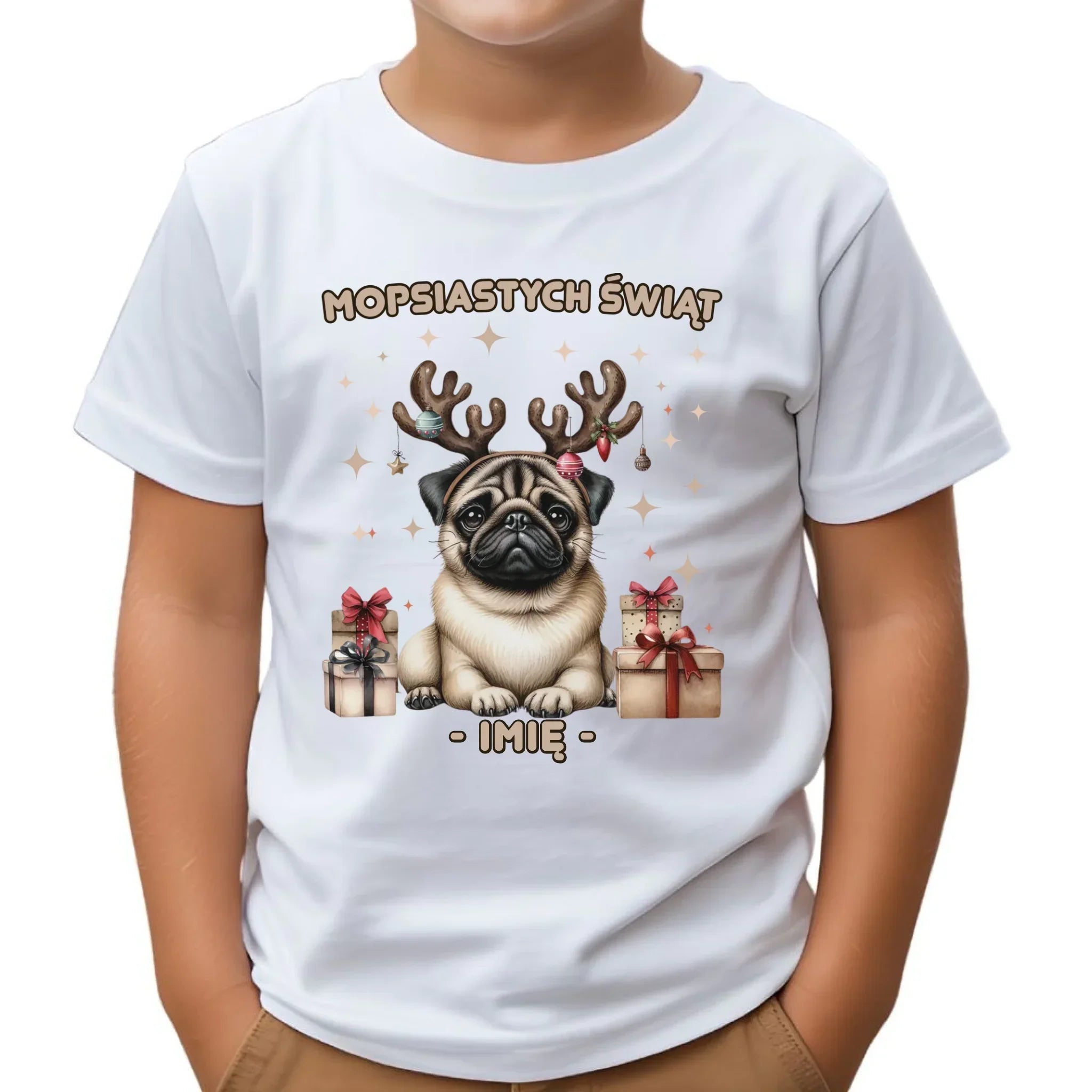 Koszulka dziecięca świąteczna - Mops Mopsiastych świąt - personalizowana BN91 - StoryCups.pl