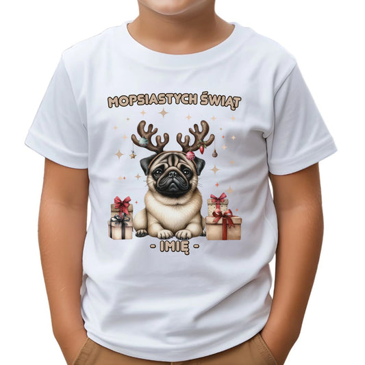 Koszulka dziecięca świąteczna - Mops Mopsiastych świąt - personalizowana BN91
