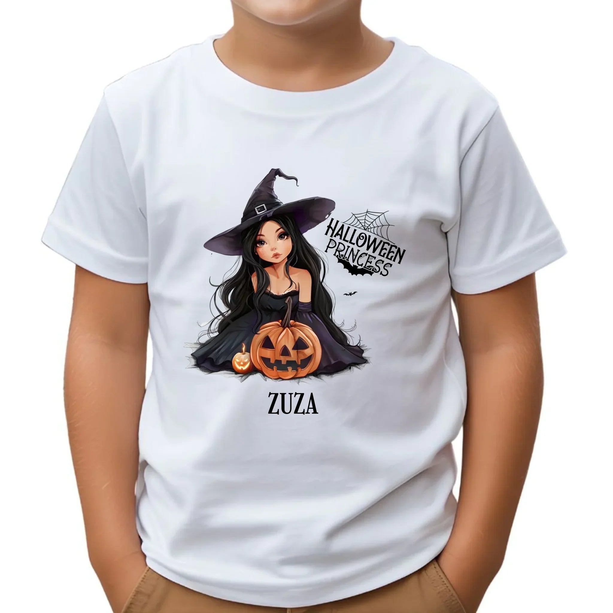 Koszulka dziecięca halloweenowa - Czarownica z dynią - personalizowana HL10 - StoryCups.pl