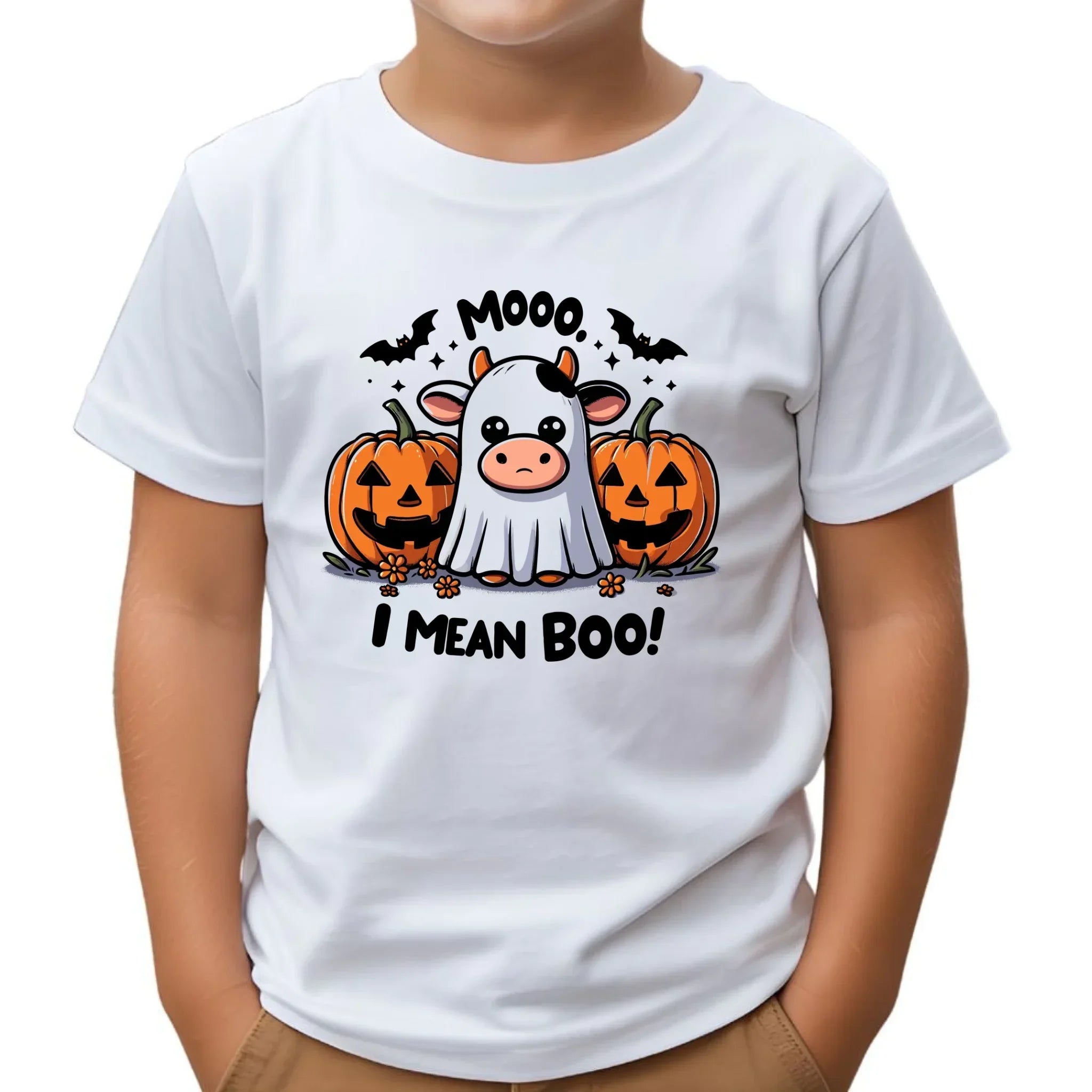 Koszulka dziecięca na Halloween - Mooo I mean Boo! - z dynią i duchem HL14 - StoryCups.pl