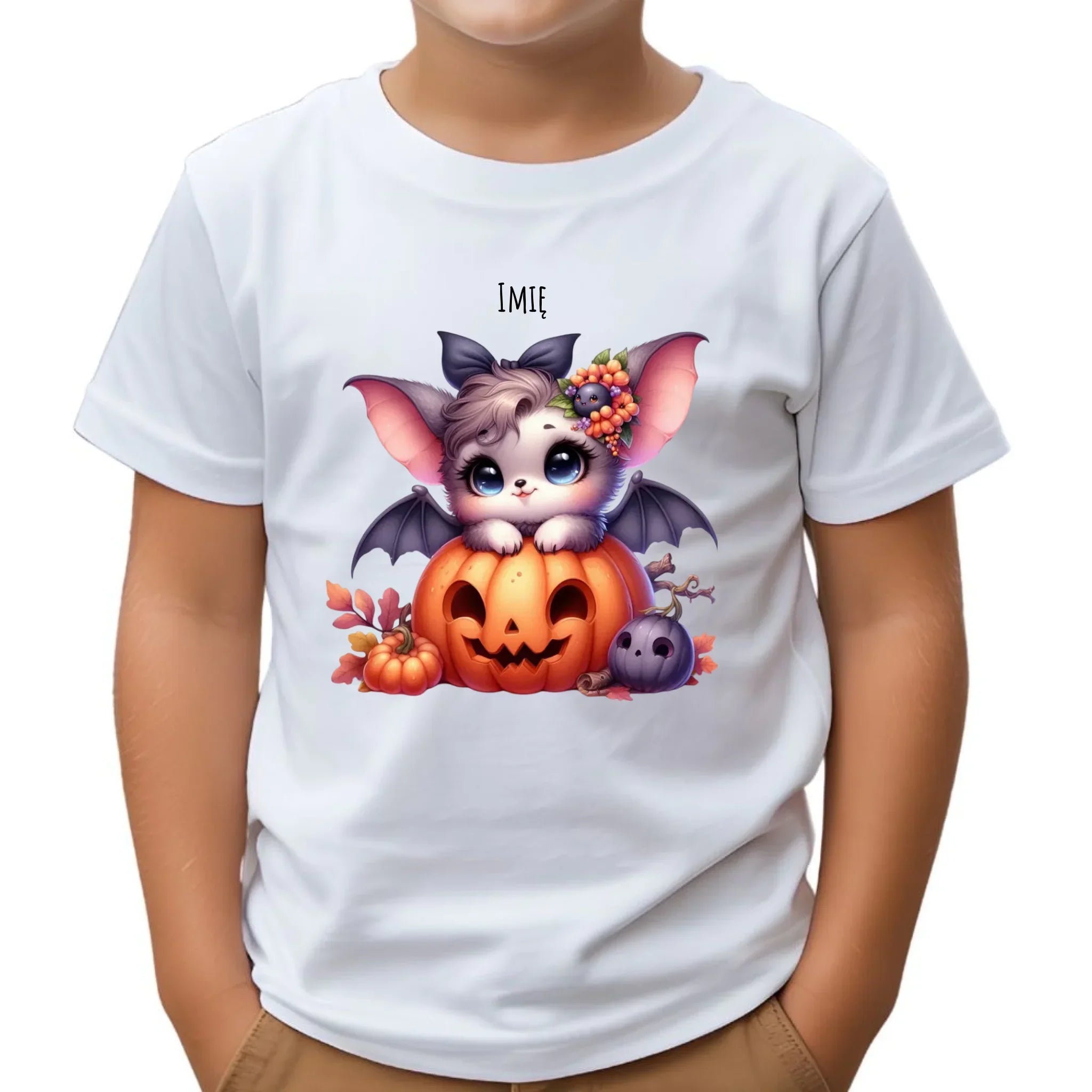 Koszulka dziecięca halloweenowa - Uroczy nietoperz z dynią - personalizowana HL08 - StoryCups.pl