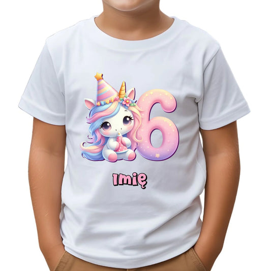 Koszulka dziecięca urodzinowa - prezent na 6 urodziny dla dziewczynki - Jednorożec - personalizowana U50