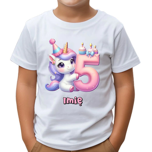 Koszulka dziecięca urodzinowa - prezent na 5 urodziny dla dziewczynki - Jednorożec - personalizowana U49