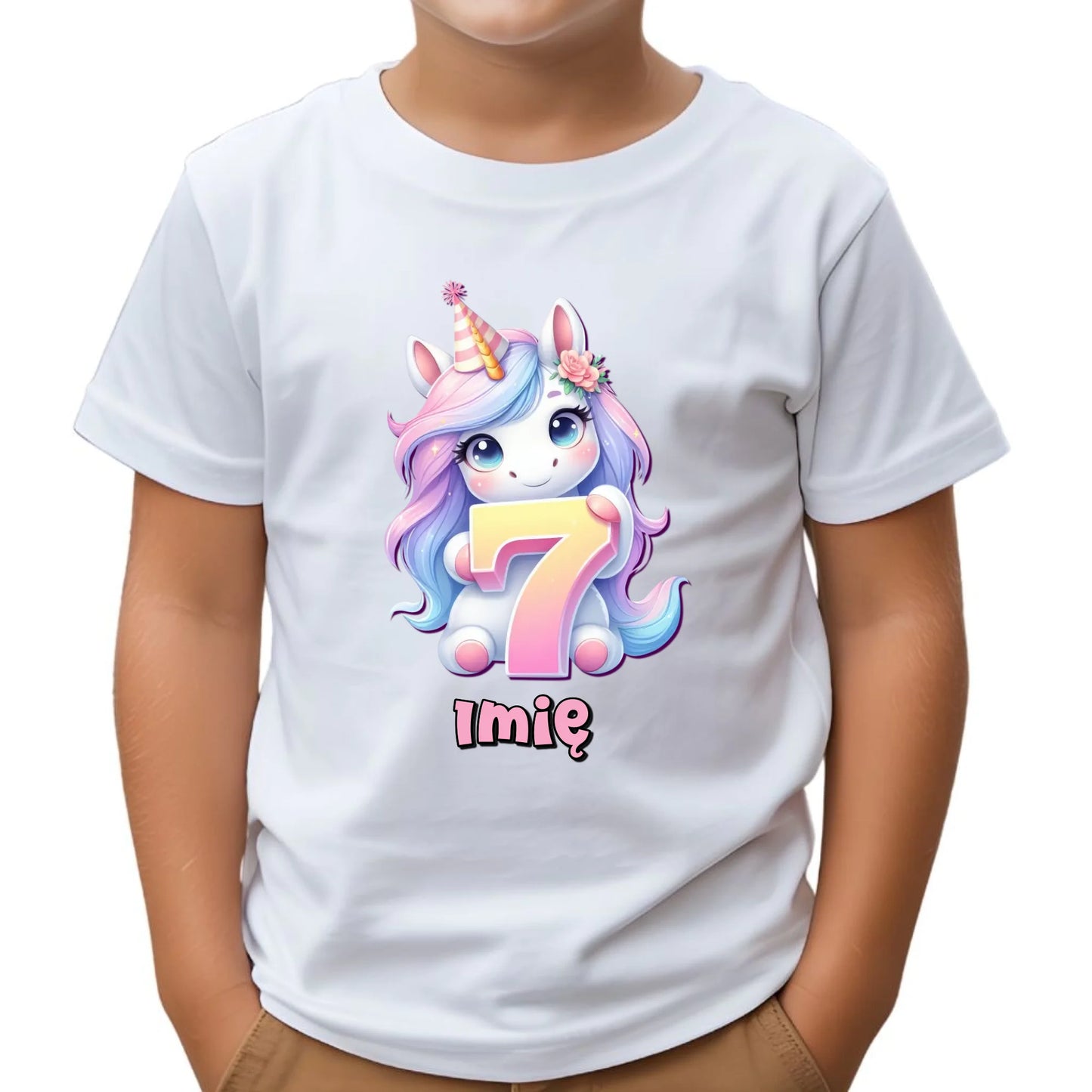 Koszulka dziecięca urodzinowa - prezent na 7 urodziny dla dziewczynki - Jednorożec - personalizowana U51