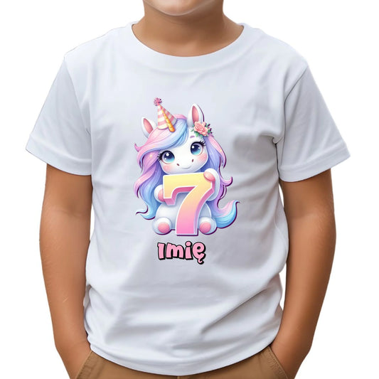 Koszulka dziecięca urodzinowa - prezent na 7 urodziny dla dziewczynki - Jednorożec - personalizowana U51