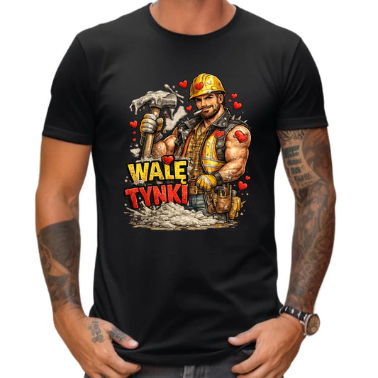 Koszulka męska na Walentynki - Budowlaniec Walę tynki W64 - StoryCups.pl