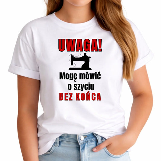 Koszulka damska szyciowa dla krawcowej - Mówić o szyciu bez końca HS19 - StoryCups.pl